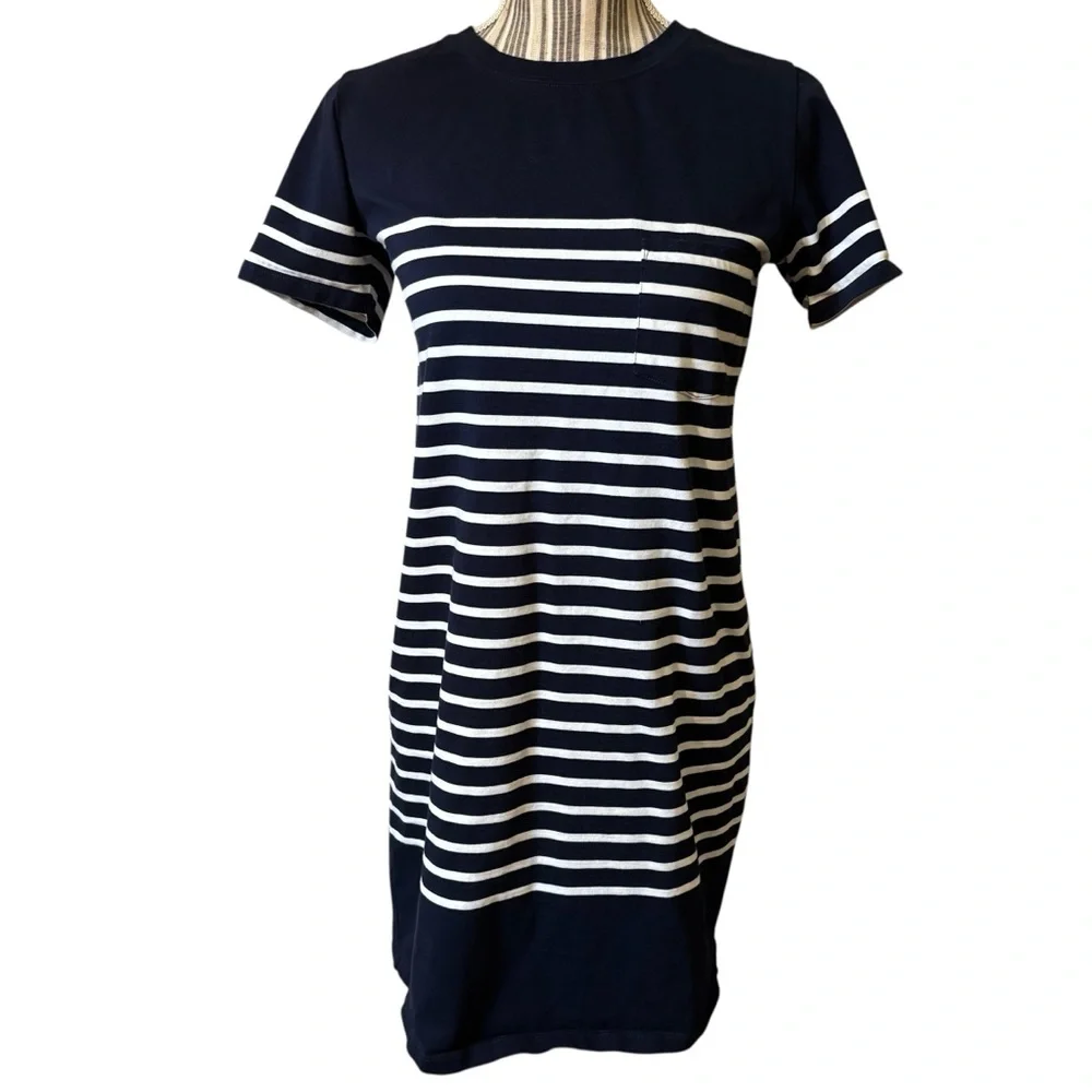 J. Crew Dress XS Navy White Nautical Striped Mini T-Shirt Dress Short Slv Cotton - Picture 1 of 15